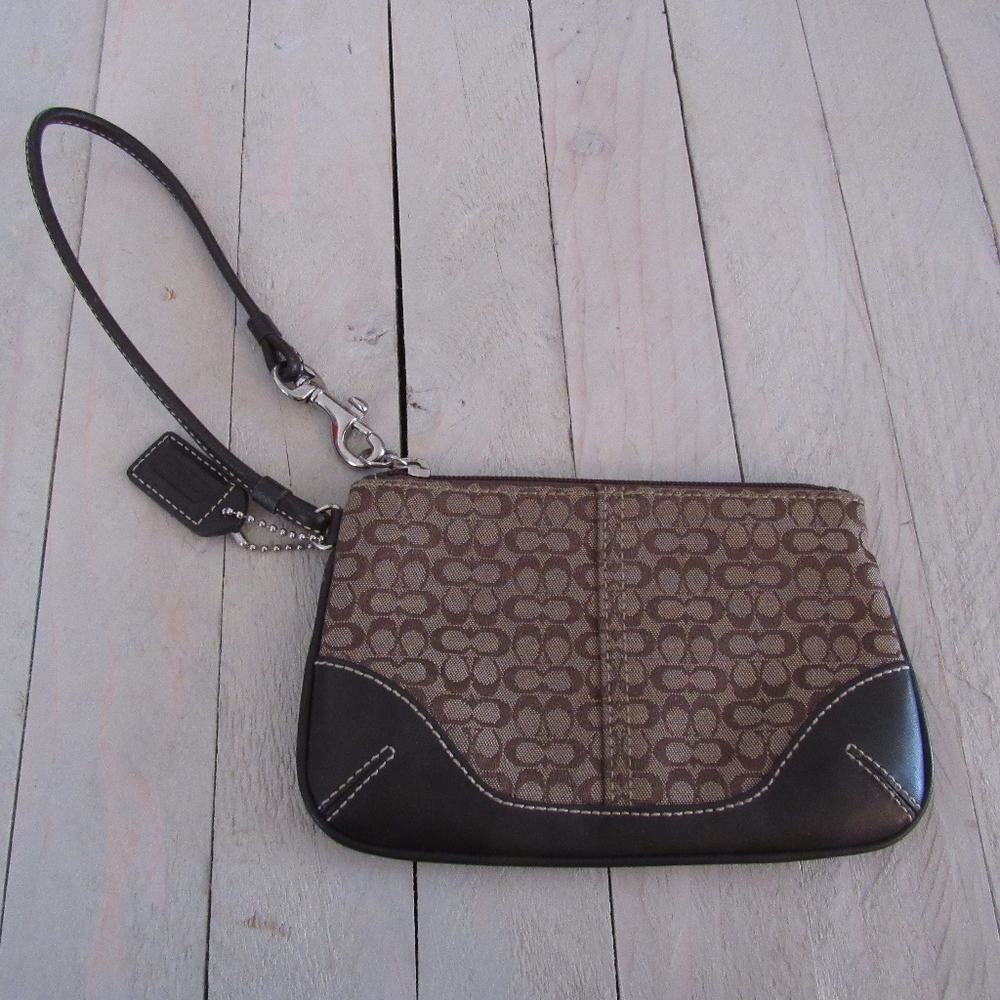 Coach Signature Logo Wristlet Brown Leather Trim